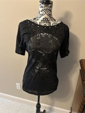 Affliction Black Short Sleeve Skull Tee with Stud Detail